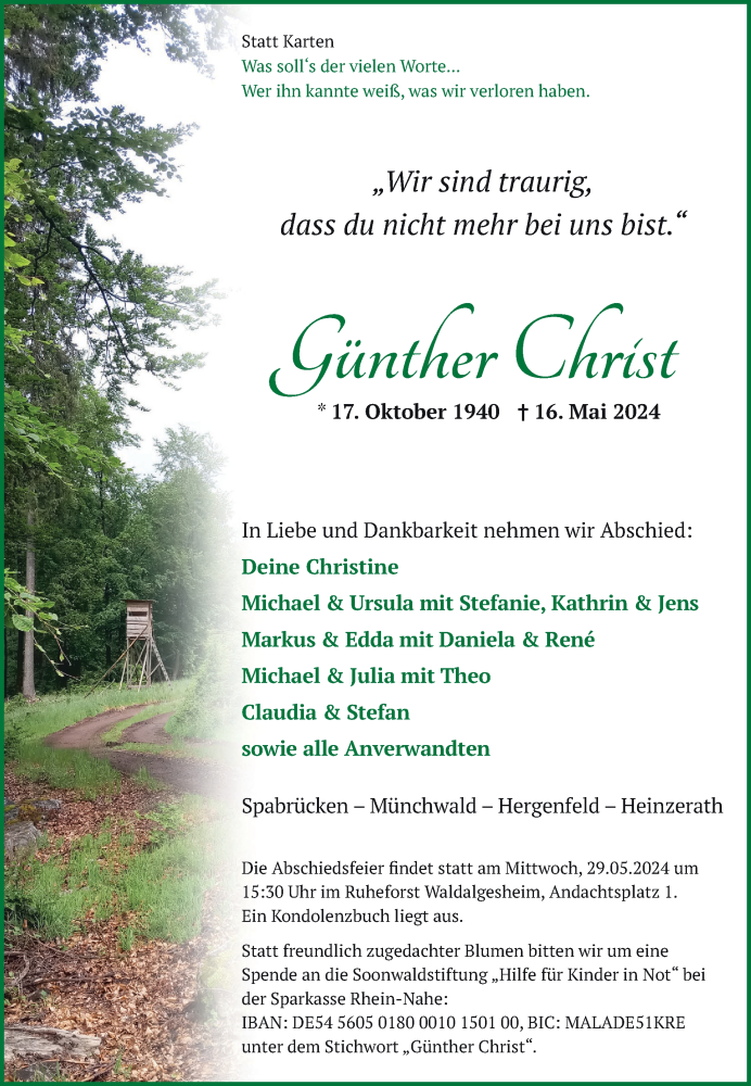  Traueranzeige für Günther Christ vom 25.05.2024 aus Oeffentlicher Anzeiger