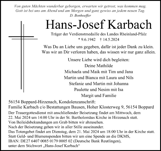 Traueranzeige von Hans-Josef Karbach von Rhein-Zeitung