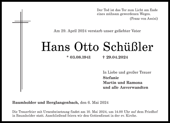 Traueranzeige von Hans Otto Schüßler von Nahe-Zeitung