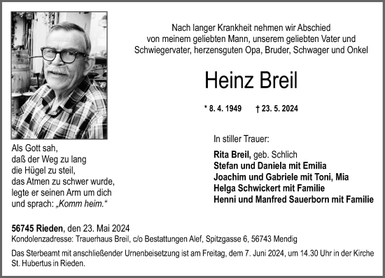 Traueranzeige von Heinz Breil von Rhein-Zeitung