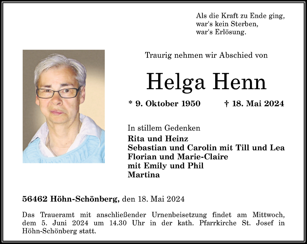  Traueranzeige für Helga Henn vom 01.06.2024 aus Westerwälder Zeitung