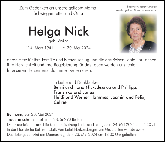 Traueranzeige von Helga Nick von Rhein-Hunsrück-Zeitung