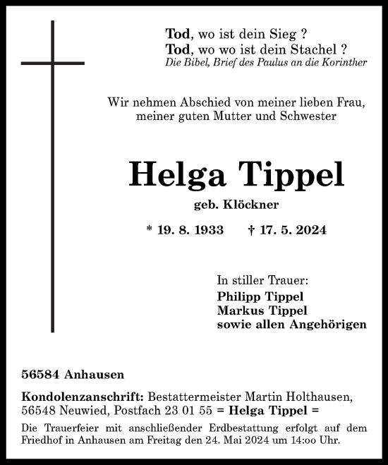 Traueranzeige von Helga Tippel von Rhein-Zeitung
