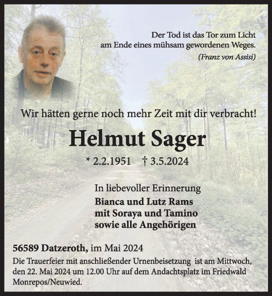 Traueranzeige von Helmut Sager von Rhein-Zeitung