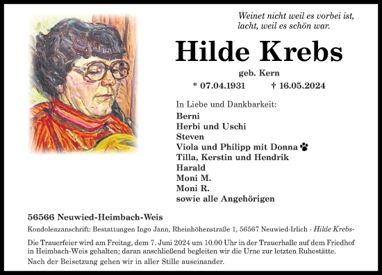 Traueranzeige von Hilde Krebs von Rhein-Zeitung