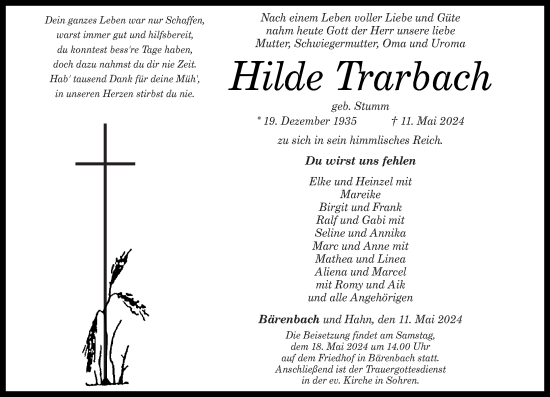 Traueranzeige von Hilde Trarbach von Rhein-Hunsrück-Zeitung