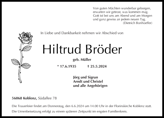 Traueranzeige von Hiltrud Bröder von Rhein-Zeitung