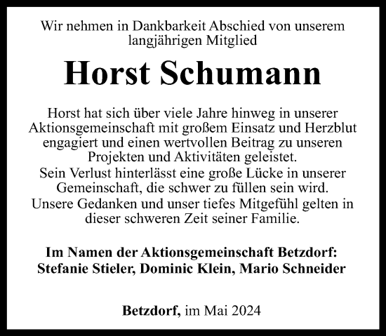 Traueranzeige von Horst Schumann von Rhein-Zeitung