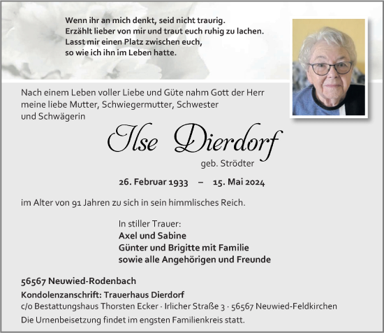 Traueranzeige von Ilse Dierdorf von Rhein-Zeitung