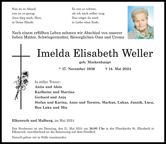 Traueranzeige von Imelda Elisabeth Weller von Rhein-Zeitung