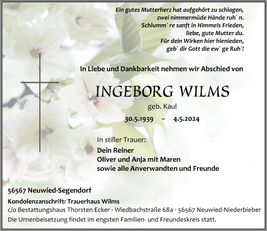 Traueranzeige von Ingeborg Wilms von Rhein-Zeitung