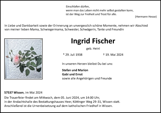 Traueranzeige von Ingrid Fischer von Rhein-Zeitung