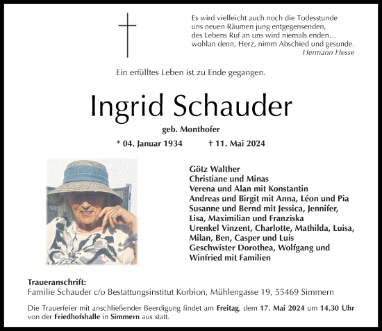 Traueranzeige von Ingrid Schauder von Rhein-Hunsrück-Zeitung