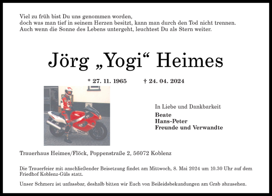 Traueranzeige von Jörg Heimes von Rhein-Zeitung