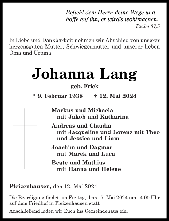 Traueranzeige von Johanna Lang von Rhein-Hunsrück-Zeitung, Oeffentlicher Anzeiger