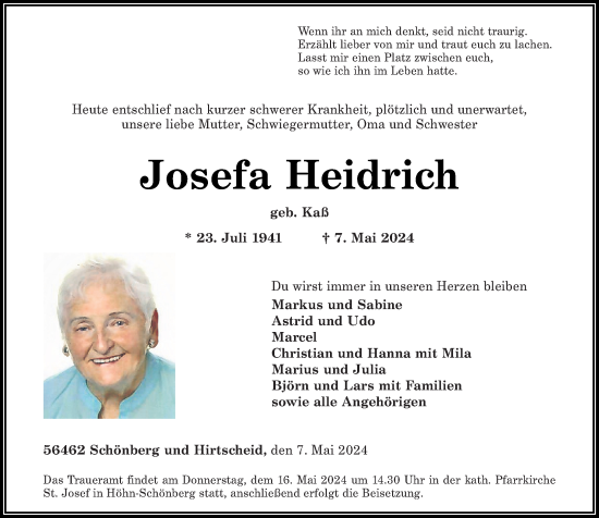 Traueranzeige von Josefa Heidrich von Westerwälder Zeitung