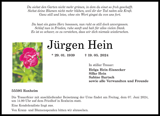 Traueranzeige von Jürgen Hein von Oeffentlicher Anzeiger
