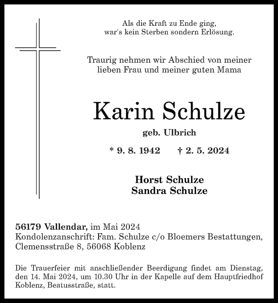 Traueranzeige von Karin Schulze von Rhein-Zeitung