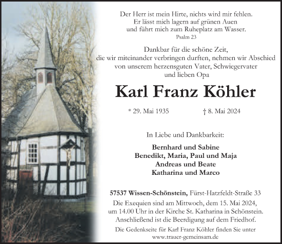 Traueranzeige von Karl Franz Köhler von Rhein-Zeitung