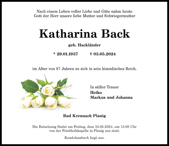 Traueranzeige von Katharina Back von Oeffentlicher Anzeiger