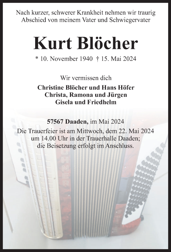 Traueranzeige von Kurt Blöcher von Rhein-Zeitung