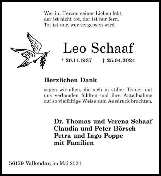 Traueranzeige von Leo Schaaf von Rhein-Zeitung