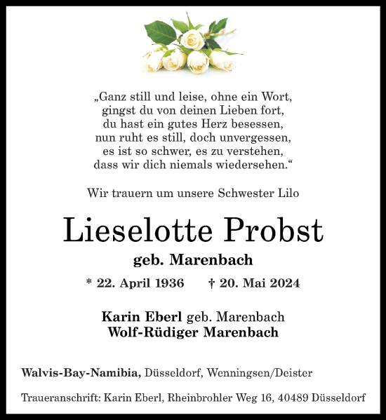 Traueranzeige von Lieselotte Probst von Rhein-Zeitung