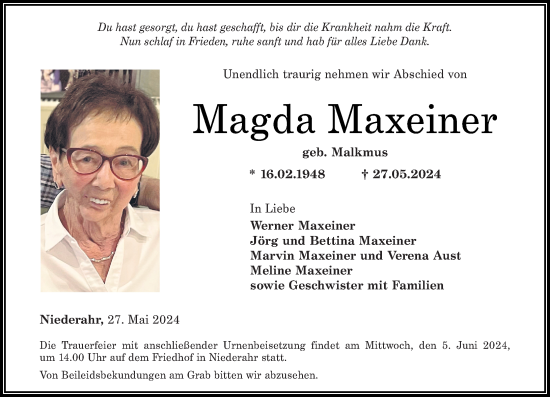 Traueranzeige von Magda Maxeiner von Rhein-Lahn-Zeitung, Westerwälder Zeitung