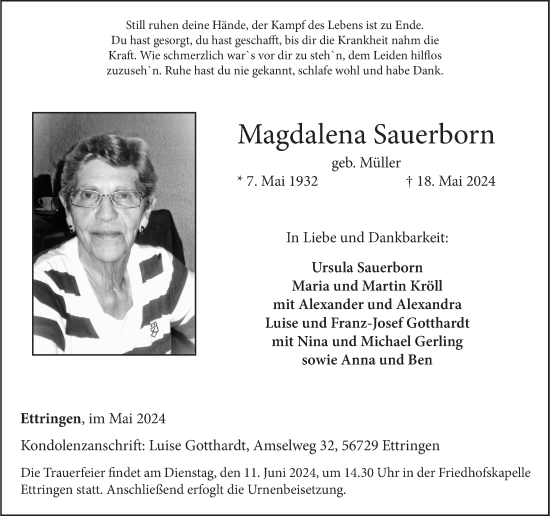 Traueranzeige von Magdalena Sauerborn von Rhein-Zeitung