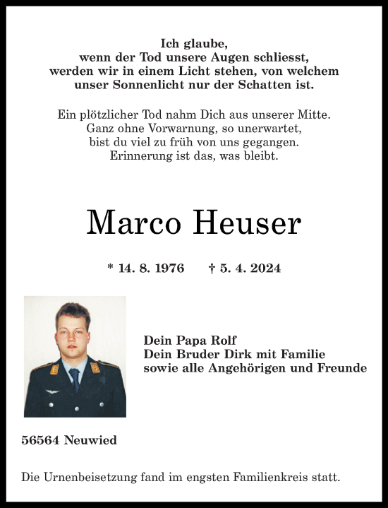 Traueranzeige von Marco Heuser von Rhein-Zeitung