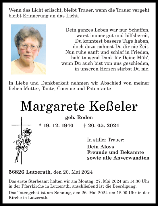 Traueranzeige von Margarete Keßeler von Rhein-Zeitung