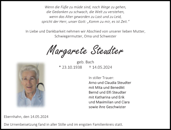 Traueranzeige von Margarete Steudter von Westerwälder Zeitung