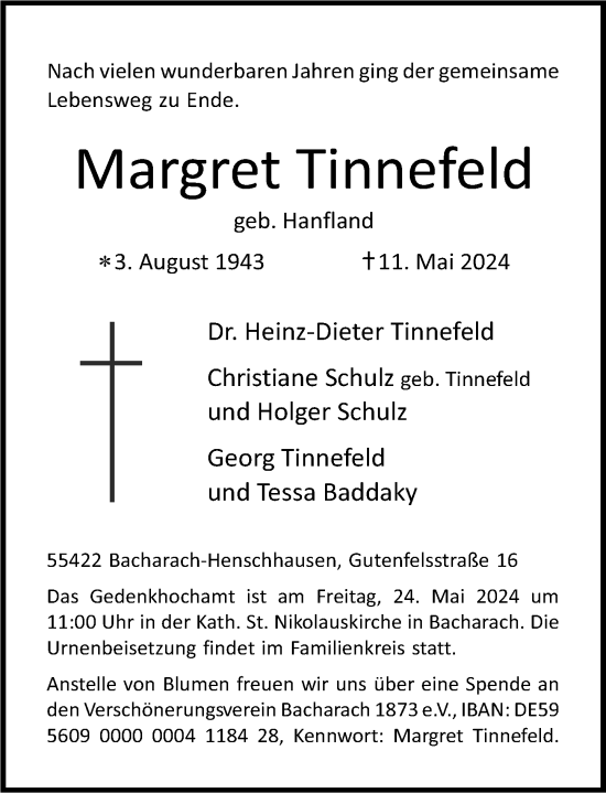 Traueranzeige von Margret Tinnefeld von Rhein-Hunsrück-Zeitung