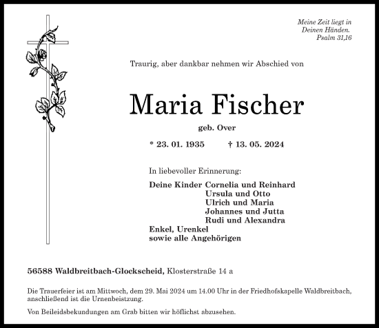 Traueranzeige von Maria Fischer von Rhein-Zeitung