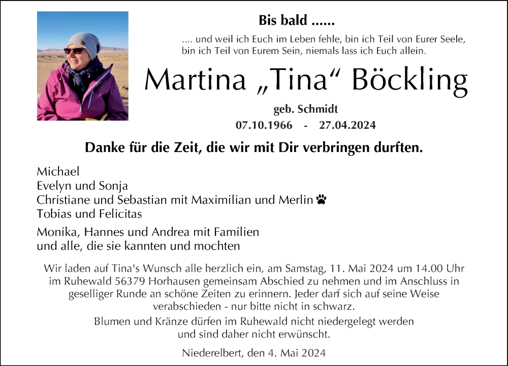  Traueranzeige für Martina Böckling vom 04.05.2024 aus Westerwälder Zeitung