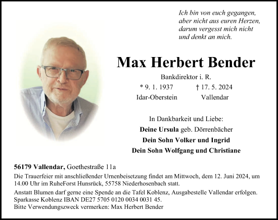 Traueranzeige von Max Herbert Bender von Rhein-Zeitung, Oeffentlicher Anzeiger, Nahe-Zeitung