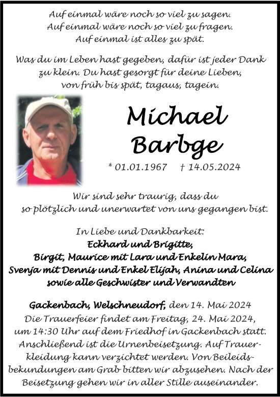 Traueranzeige von Michael Barbge von Westerwälder Zeitung