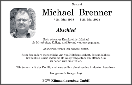 Traueranzeige von Michael Brenner von Rhein-Zeitung, Westerwälder Zeitung