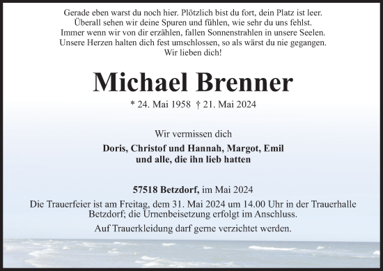 Traueranzeige von Michael Brenner von Rhein-Zeitung