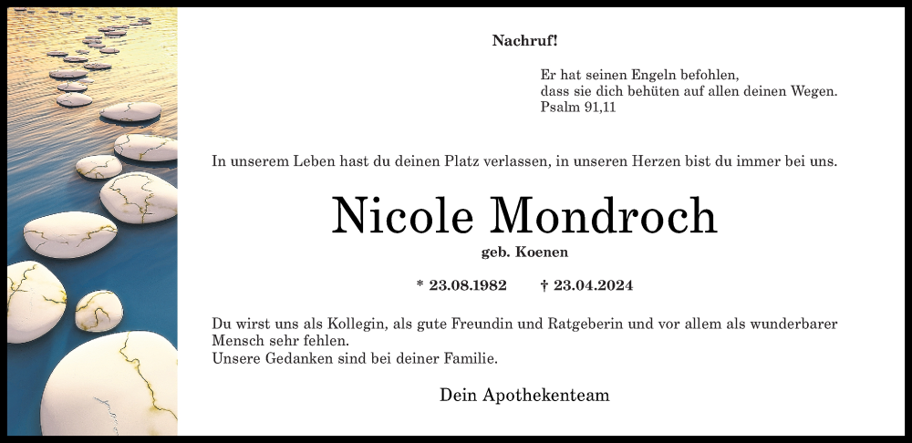  Traueranzeige für Nicole Mondroch vom 04.05.2024 aus Rhein-Zeitung