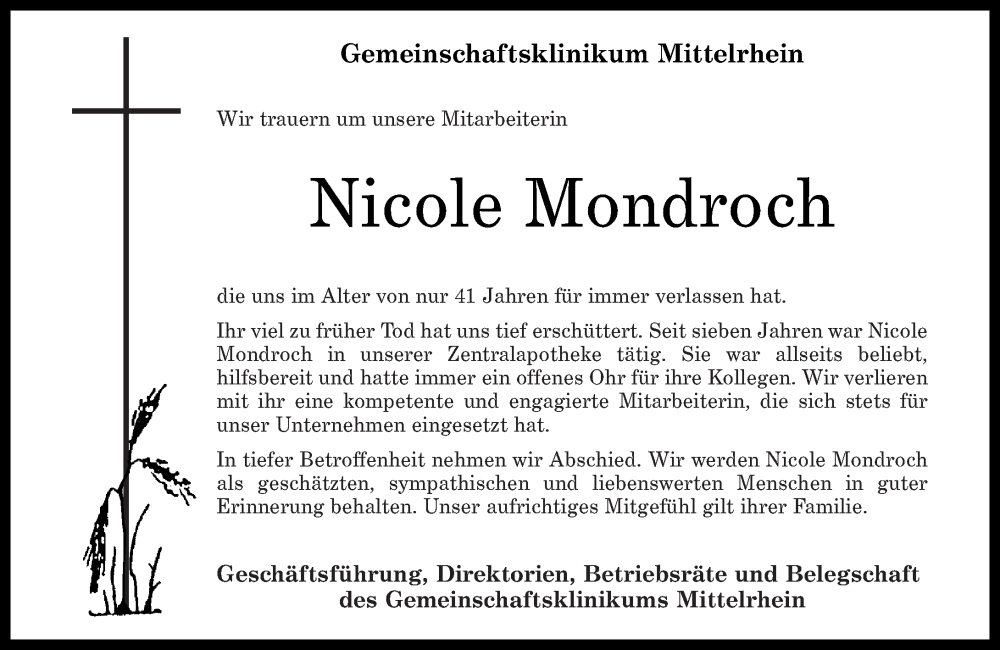  Traueranzeige für Nicole Mondroch vom 04.05.2024 aus Rhein-Zeitung