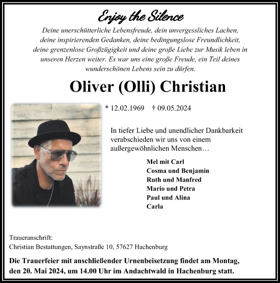 Traueranzeige von Oliver Christian von Westerwälder Zeitung, Rhein-Zeitung