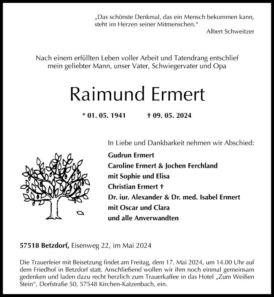 Traueranzeige für Raimund Ermert vom 14.05.2024 aus Rhein-Zeitung