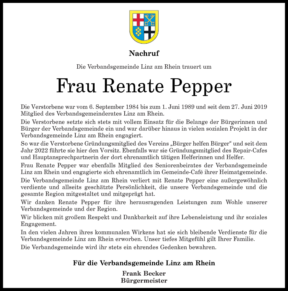  Traueranzeige für Renate Pepper vom 04.05.2024 aus Rhein-Zeitung