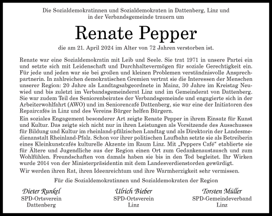 Traueranzeige von Renate Pepper von Rhein-Zeitung