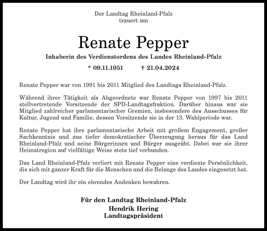 Traueranzeige von Renate Pepper von Rhein-Zeitung