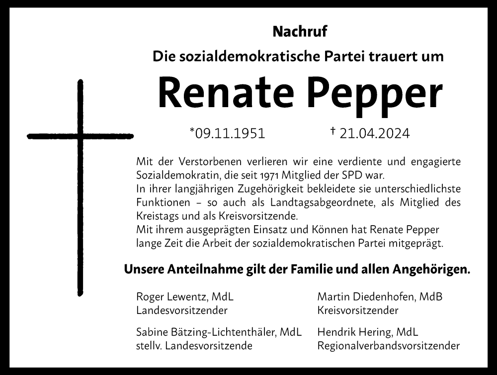  Traueranzeige für Renate Pepper vom 04.05.2024 aus Rhein-Zeitung