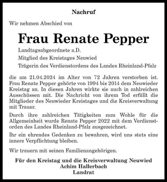 Traueranzeige von Renate Pepper von Rhein-Zeitung