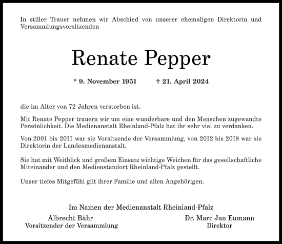 Traueranzeige von Renate Pepper von Rhein-Zeitung