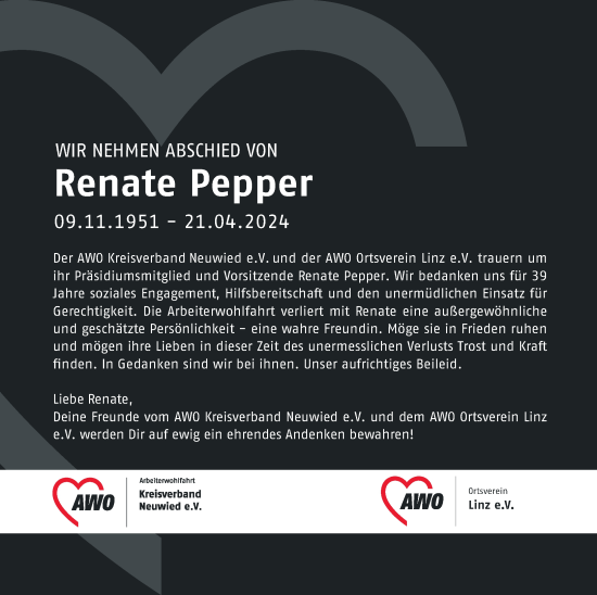 Traueranzeige von Renate Pepper von Rhein-Zeitung